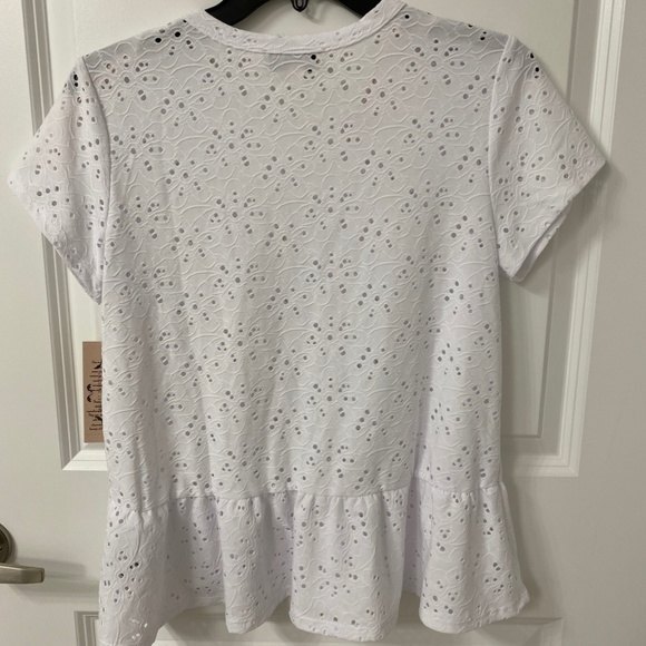 Nanette Lepore Eyelet Peplum Short Sleeve Top. White. Small. Girly Glam, Twee - Picture 10 of 10
